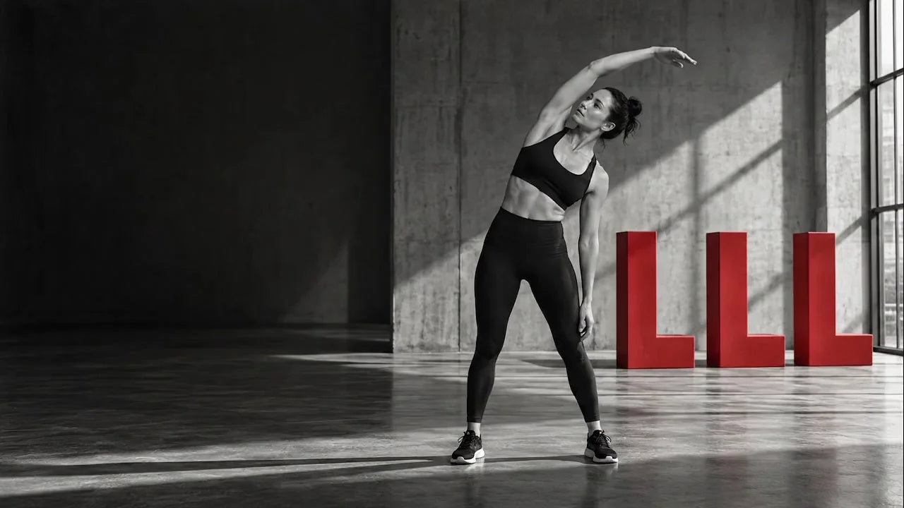 An athlete stretches in a monochrome studio beside three oversized red Ls.